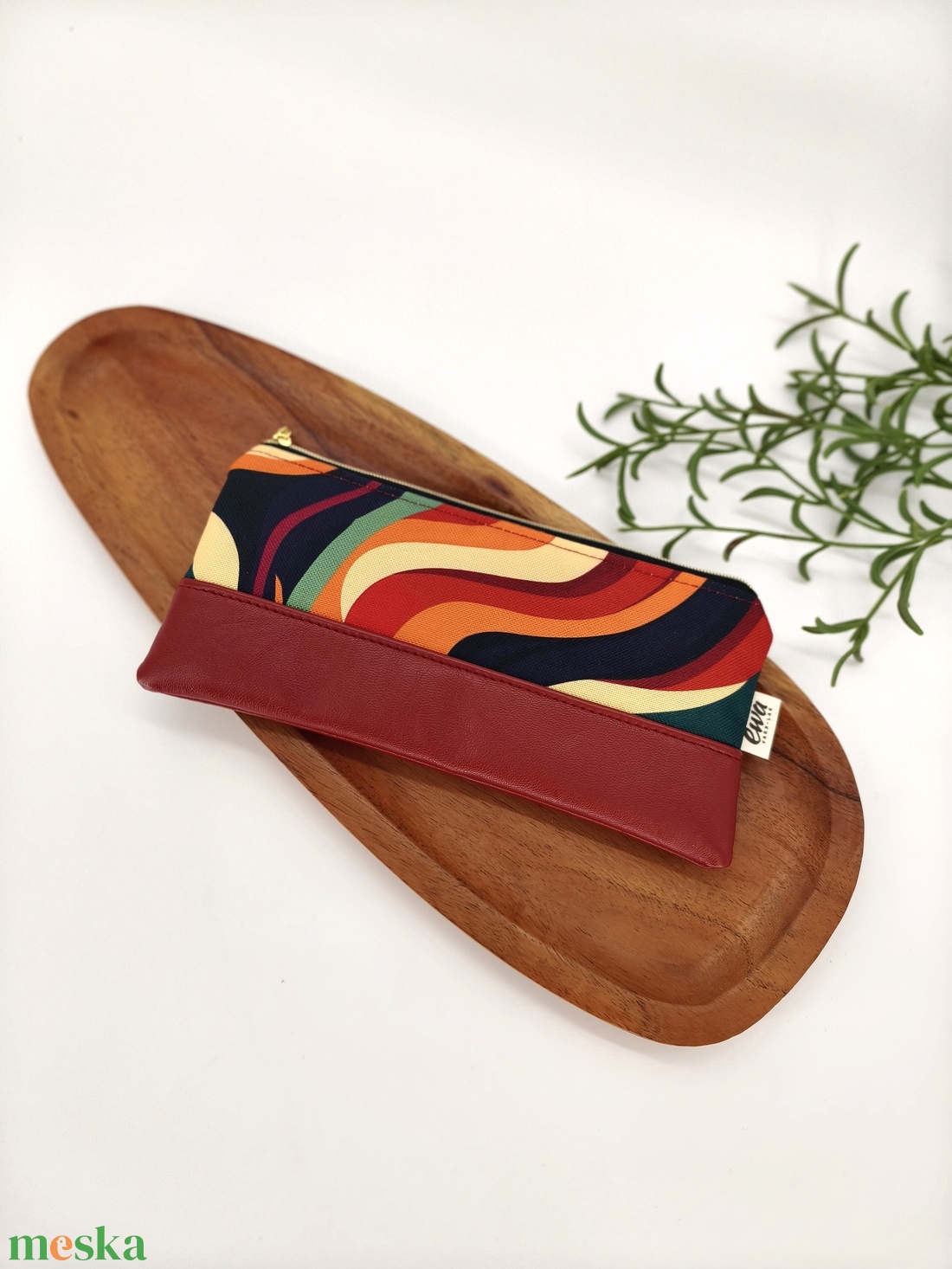 Mini cipzáros tároló - Retro hullámok, bordó textilbőr - táska & tok - neszesszer - Meska.hu