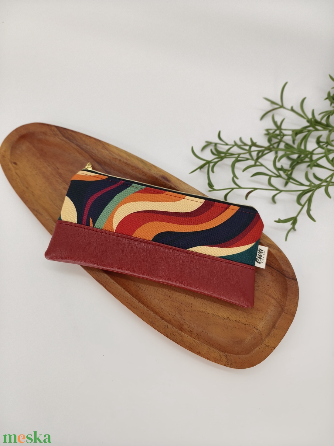 Mini cipzáros tároló - Retro hullámok, bordó textilbőr - táska & tok - neszesszer - Meska.hu