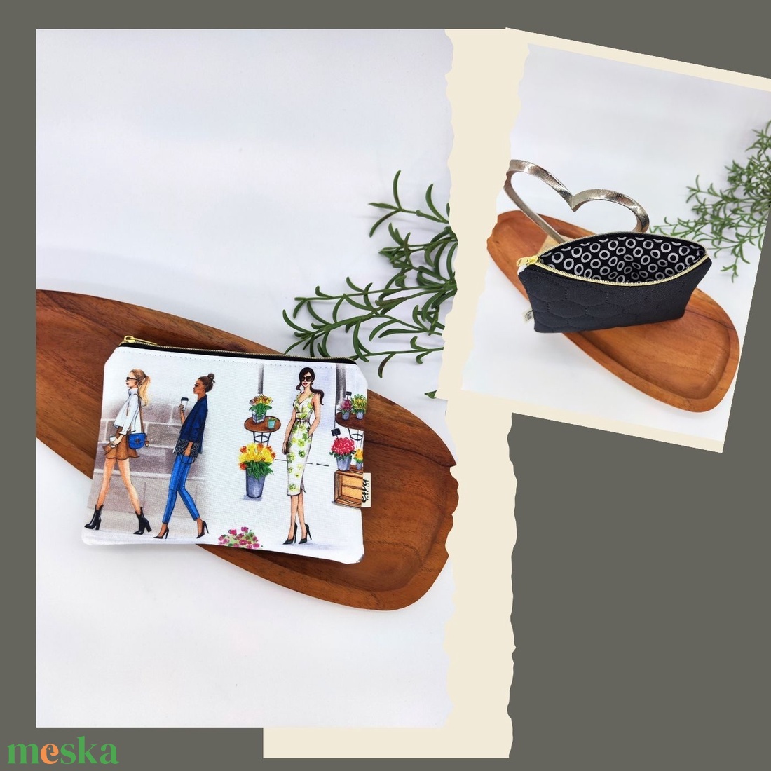 Mini cipzáros tároló - Modell stílus- Hölgyek virágokkal 1., Hölgy kutyával, Hölgyek virággal 2. - táska & tok - neszesszer - Meska.hu