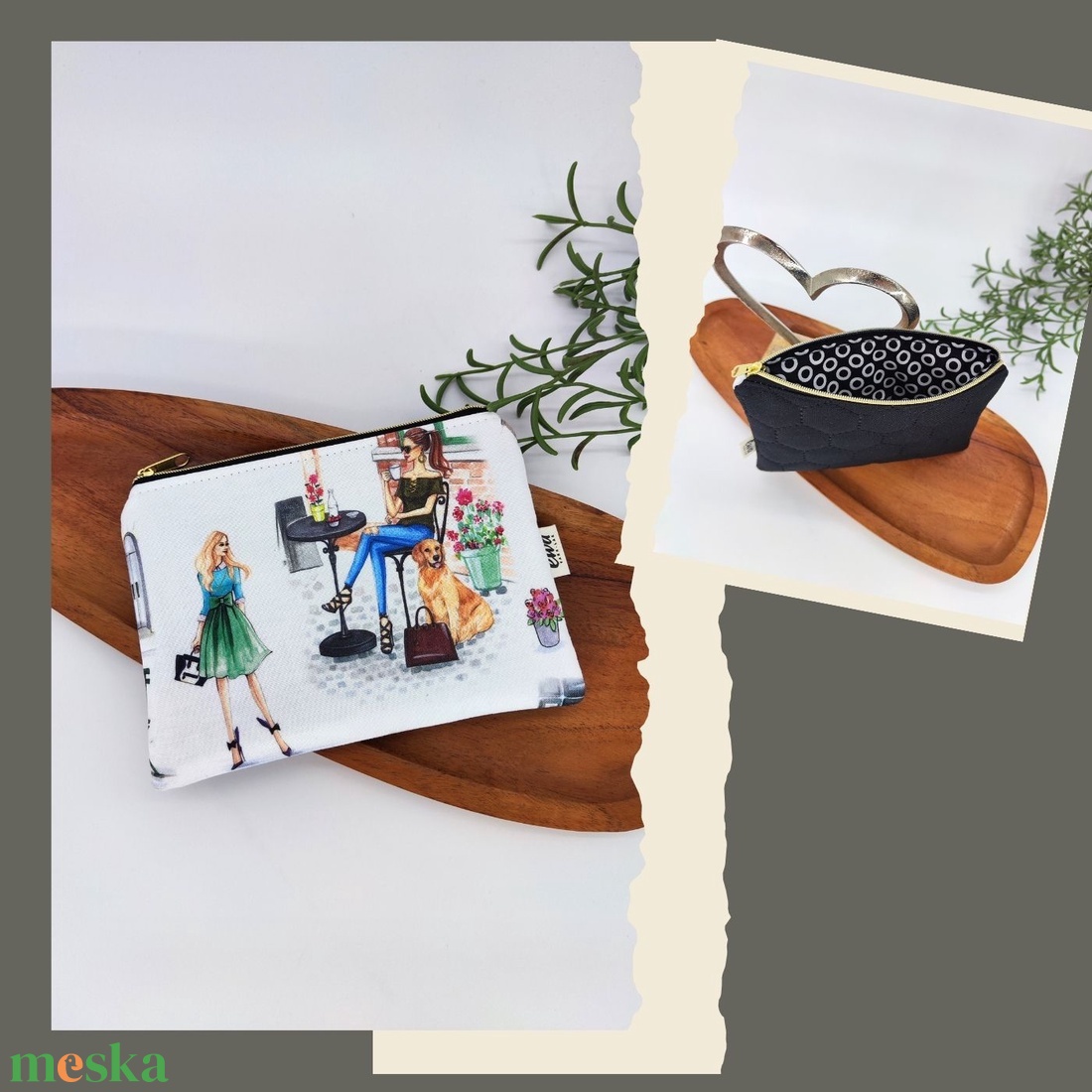Mini cipzáros tároló - Modell stílus- Hölgyek virágokkal 1., Hölgy kutyával, Hölgyek virággal 2. - táska & tok - neszesszer - Meska.hu