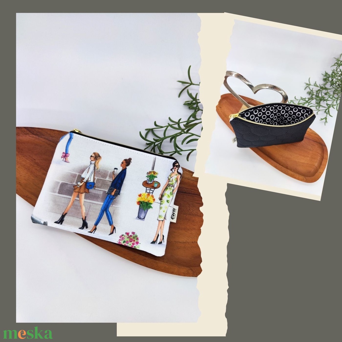 Mini cipzáros tároló - Modell stílus- Hölgyek virágokkal 1., Hölgy kutyával, Hölgyek virággal 2. - táska & tok - neszesszer - Meska.hu