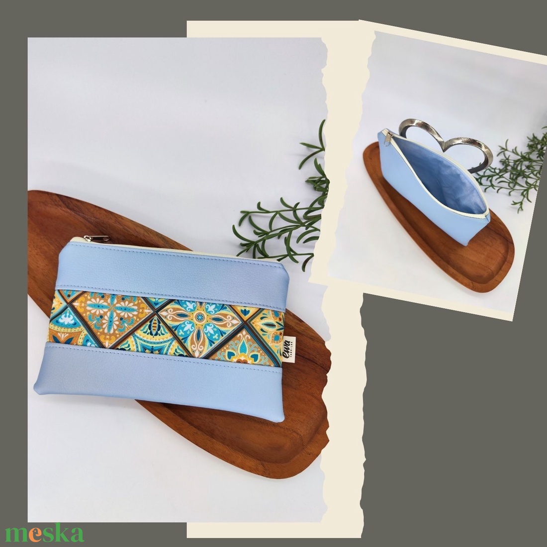 Mini cipzáros tároló - Virágos szürke alappal, Csempeminta jégkék alappal - táska & tok - neszesszer - Meska.hu