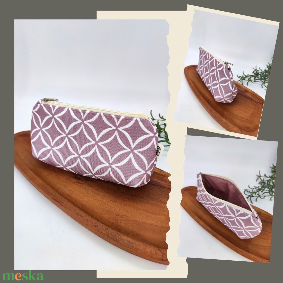 Cipzáros tároló, neszesszer-Föld színei minta, Hátikós minta, Mályva alapon geometriai minta - táska & tok - neszesszer - Meska.hu