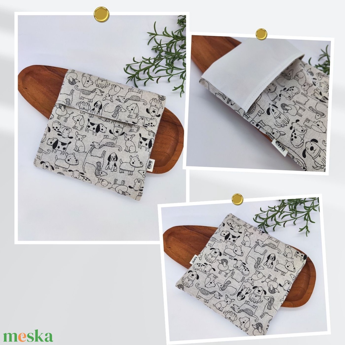 Tízórais / Uzsis zsák Kutyás minta - Fekete natúr alapon, Kockás alapon színes kutya, Színes tacskók - táska & tok - uzsonna- & ebéd tartó - szendvics csomagoló - Meska.hu