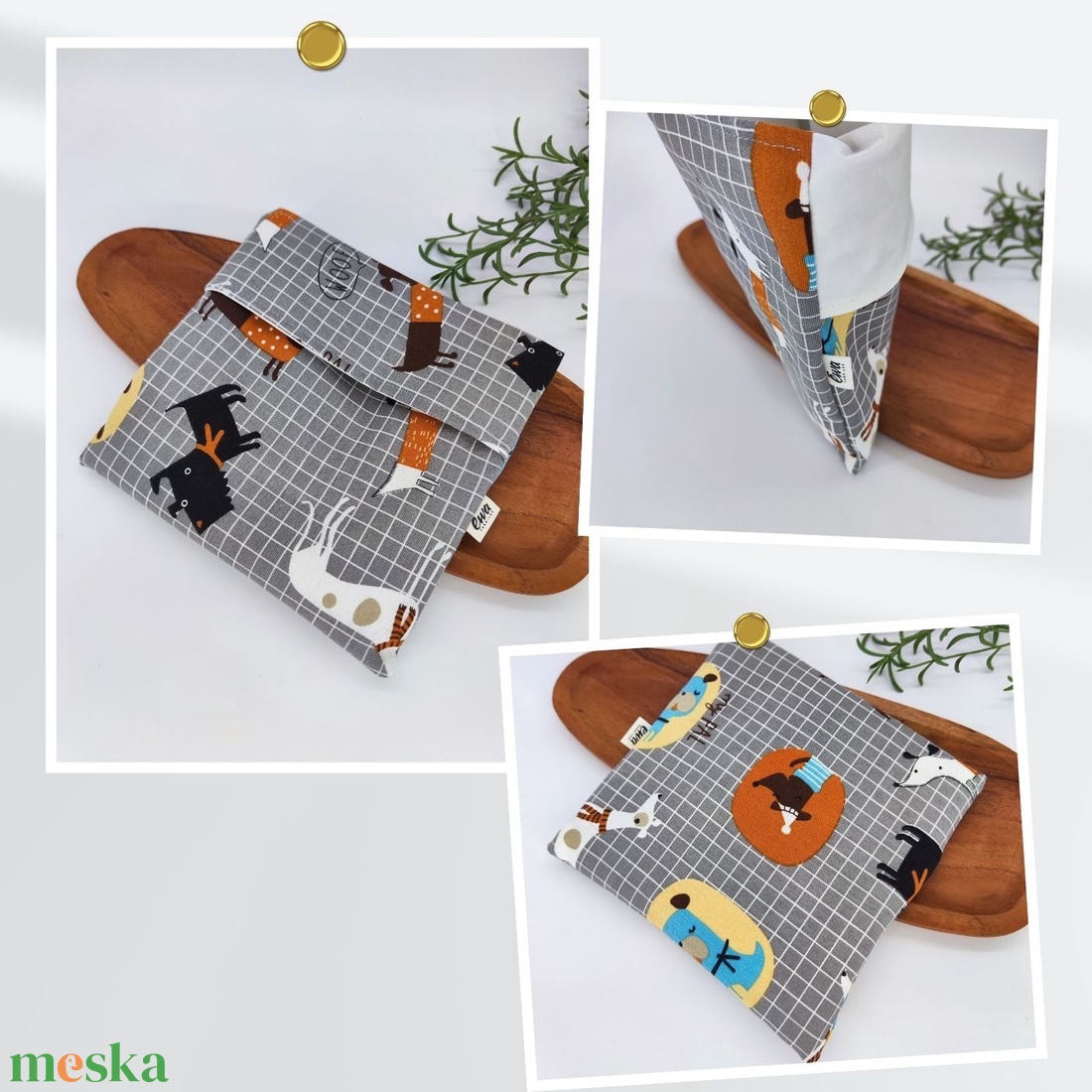 Tízórais / Uzsis zsák Kutyás minta - Fekete natúr alapon, Kockás alapon színes kutya, Színes tacskók - táska & tok - uzsonna- & ebéd tartó - szendvics csomagoló - Meska.hu