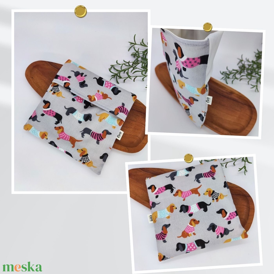 Tízórais / Uzsis zsák Kutyás minta - Fekete natúr alapon, Kockás alapon színes kutya, Színes tacskók - táska & tok - uzsonna- & ebéd tartó - szendvics csomagoló - Meska.hu