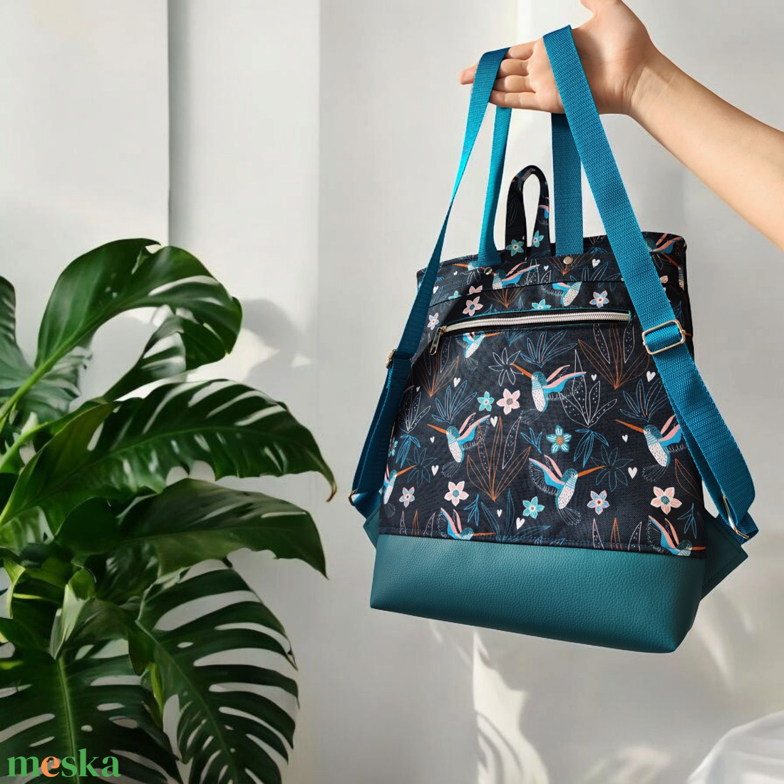 Irina hátizsák - Madaras/ Kolibri minta türkiz textilbőrrel - táska & tok - hátizsák - kishátizsák - Meska.hu