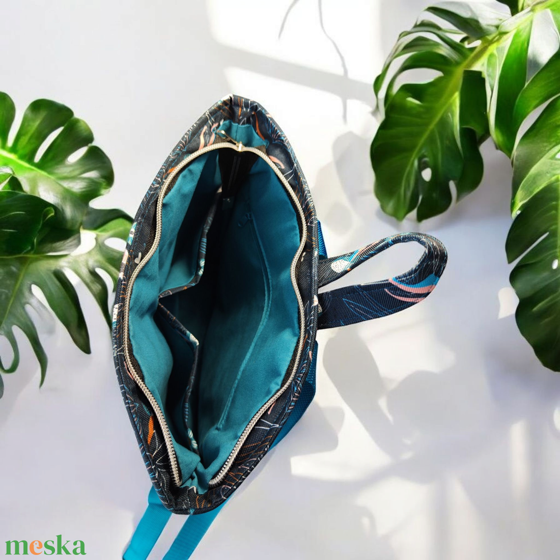 Irina hátizsák - Madaras/ Kolibri minta türkiz textilbőrrel - táska & tok - hátizsák - kishátizsák - Meska.hu