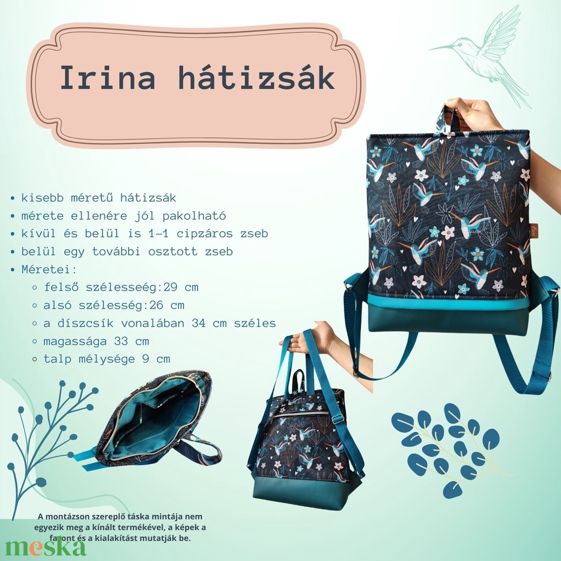 Irina hátizsák - Madaras/ Kolibri minta türkiz textilbőrrel - táska & tok - hátizsák - kishátizsák - Meska.hu