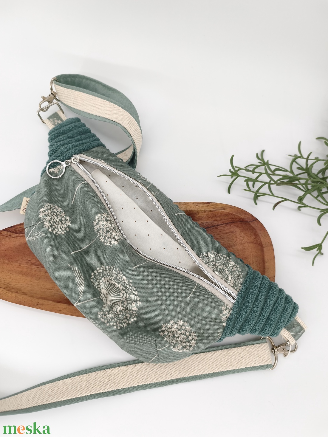 Klasszik övtásak - Övtáska, crossby, testtáska zsálya pitypangok, kord bútorvászon - táska & tok - övtáska - Meska.hu