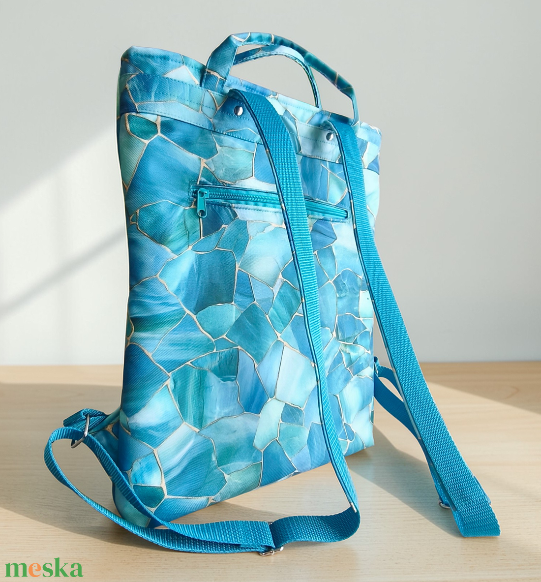 Ivett hátizsák és kézitáska, kék-türkiz márványminta - táska & tok - hátizsák - hátizsák - Meska.hu