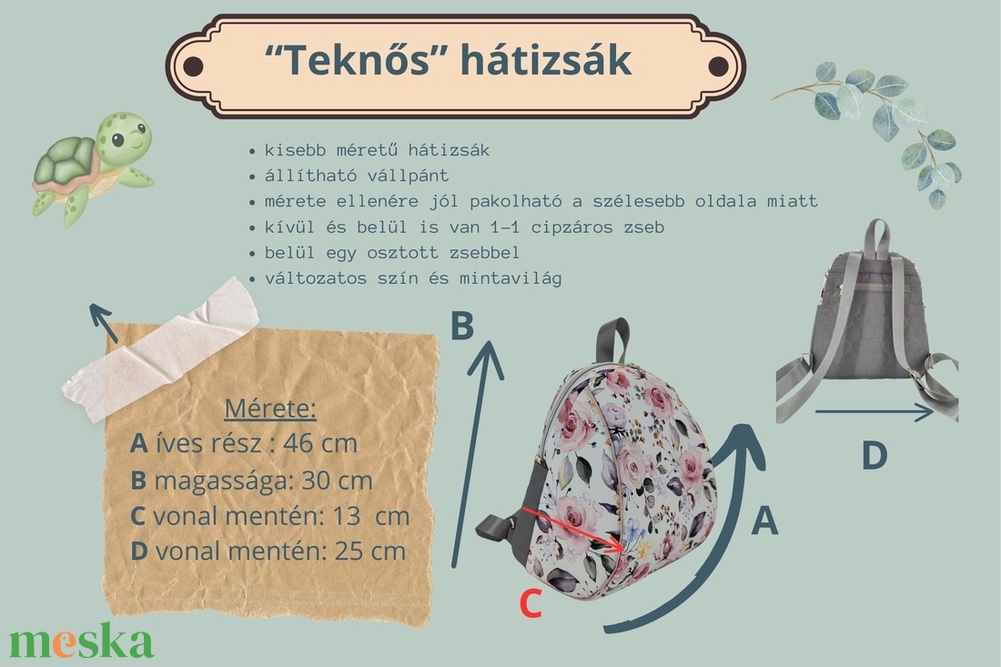 Teknős kisebb méretű hátizsák - jól pakolható hátizsák barna-kék virágos hátizsák, földszínek - táska & tok - hátizsák - kishátizsák - Meska.hu