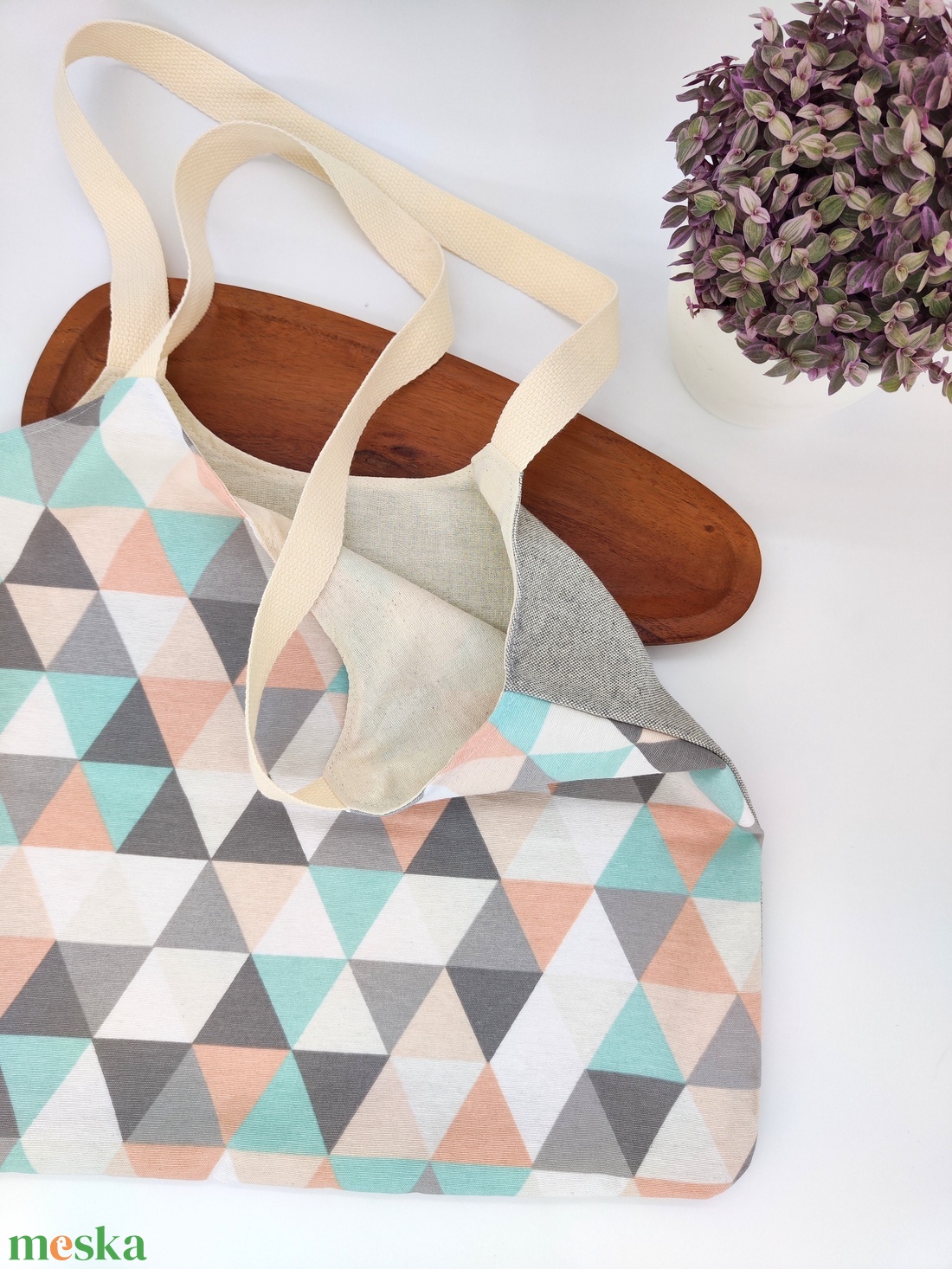 Dóra vászontáska pasztell színek, háromszög minta / textilszatyor - táska & tok - bevásárlás & shopper táska - shopper, textiltáska, szatyor - Meska.hu