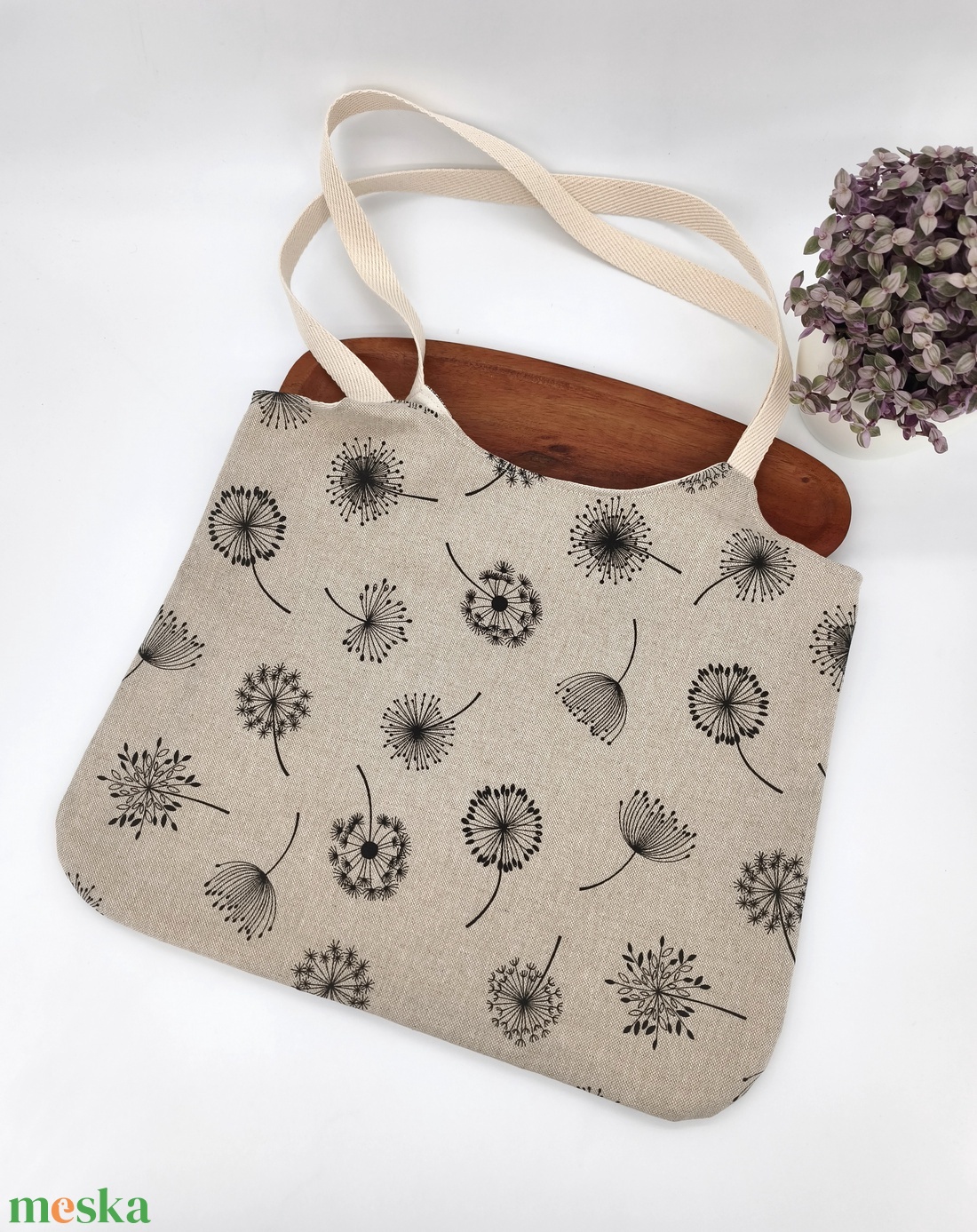 Dóra vászontáska bóbitás pitypangos virágok / textilszatyor - táska & tok - bevásárlás & shopper táska - shopper, textiltáska, szatyor - Meska.hu
