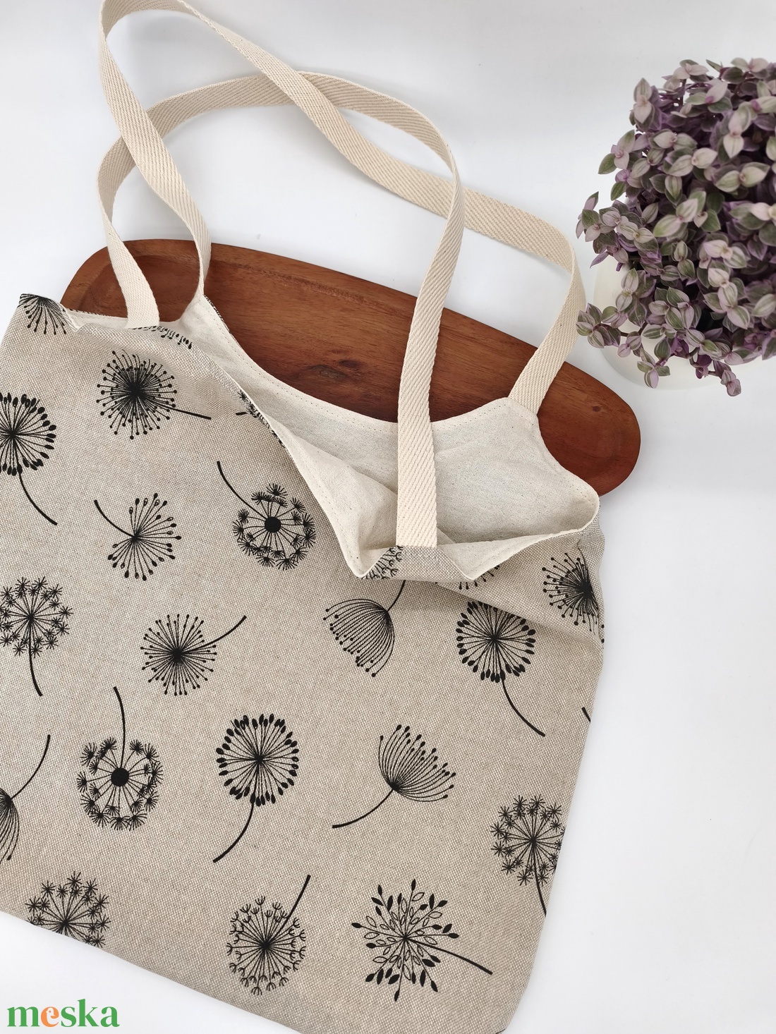 Dóra vászontáska bóbitás pitypangos virágok / textilszatyor - táska & tok - bevásárlás & shopper táska - shopper, textiltáska, szatyor - Meska.hu