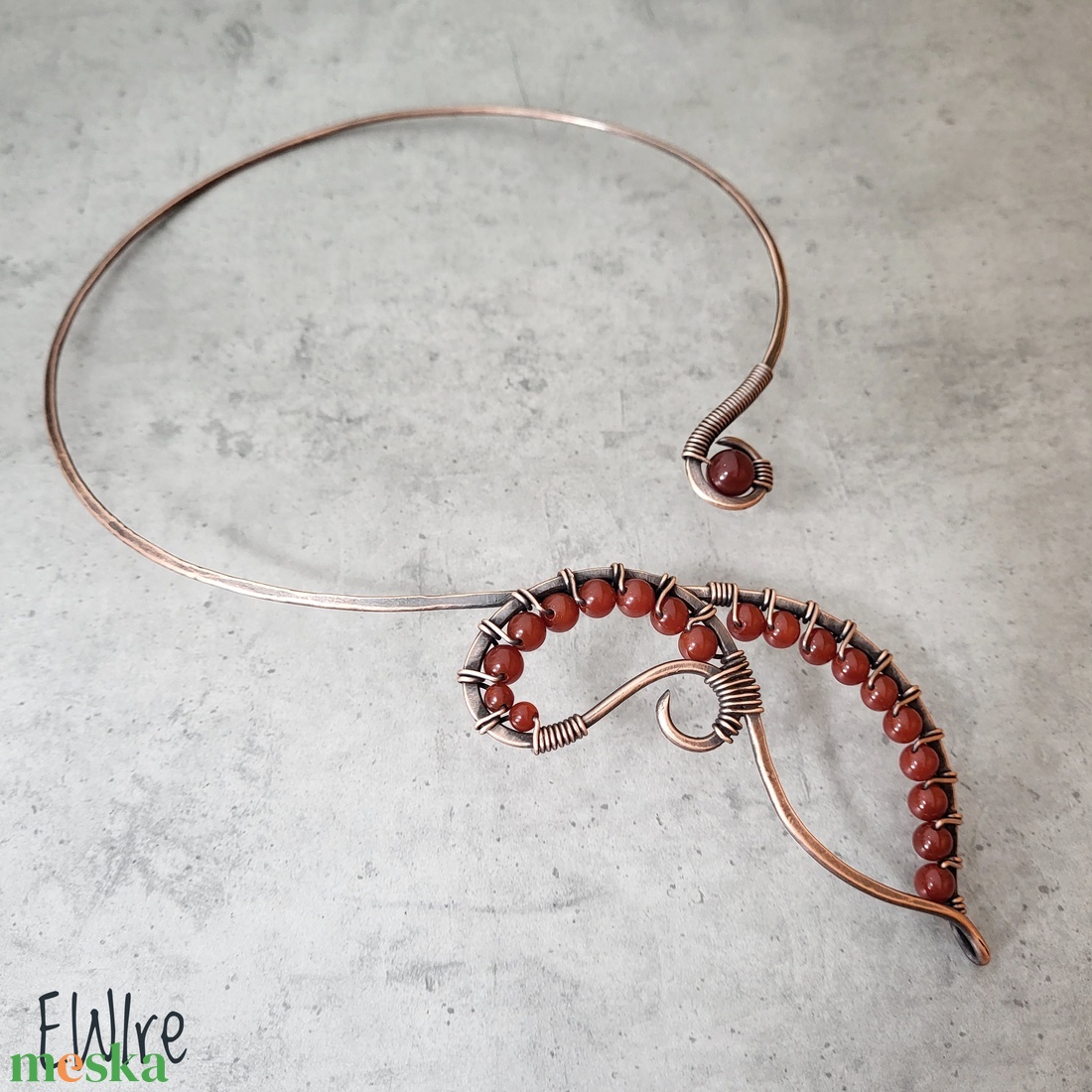 Karneol nyitott nyaklánc, vörösréz nyakk, réz nyaklánc - ékszer - nyaklánc - statement nyaklánc - Meska.hu