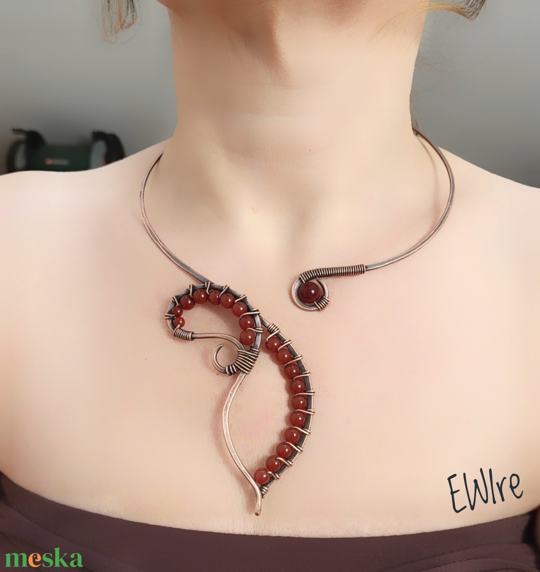 Karneol nyitott nyaklánc, vörösréz nyakk, réz nyaklánc - ékszer - nyaklánc - statement nyaklánc - Meska.hu