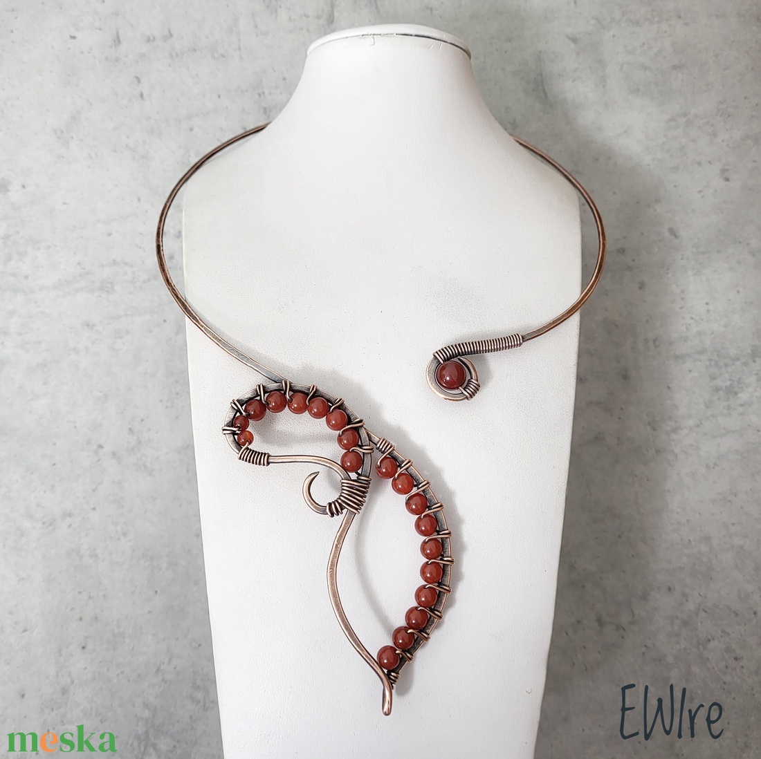 Karneol nyitott nyaklánc, vörösréz nyakk, réz nyaklánc - ékszer - nyaklánc - statement nyaklánc - Meska.hu