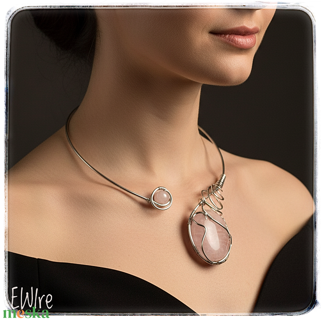 Rózsakvarc orvosi fém nyakék nyitott aszimmetrikus - ékszer - nyaklánc - statement nyaklánc - Meska.hu