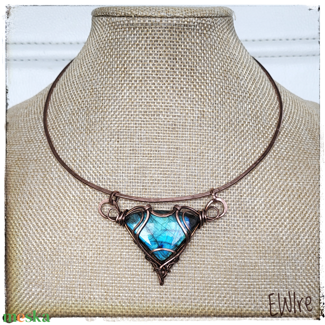Kék labradorit nyakék vörösréz drótékszer - ékszer - nyaklánc - statement nyaklánc - Meska.hu