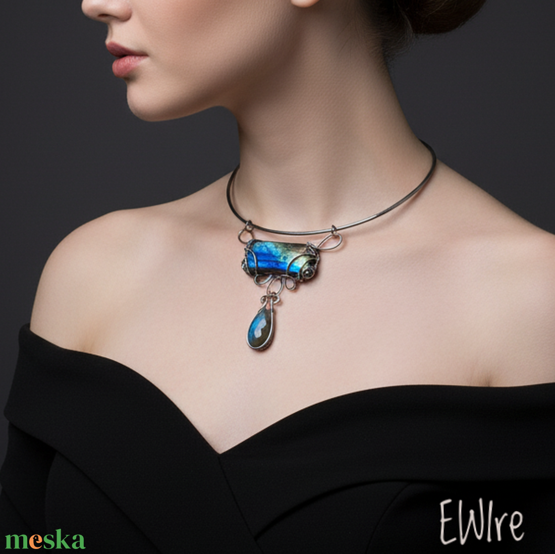 Szögletes labradorit orvosi fém nyakék, drótékszer - ékszer - nyaklánc - statement nyaklánc - Meska.hu