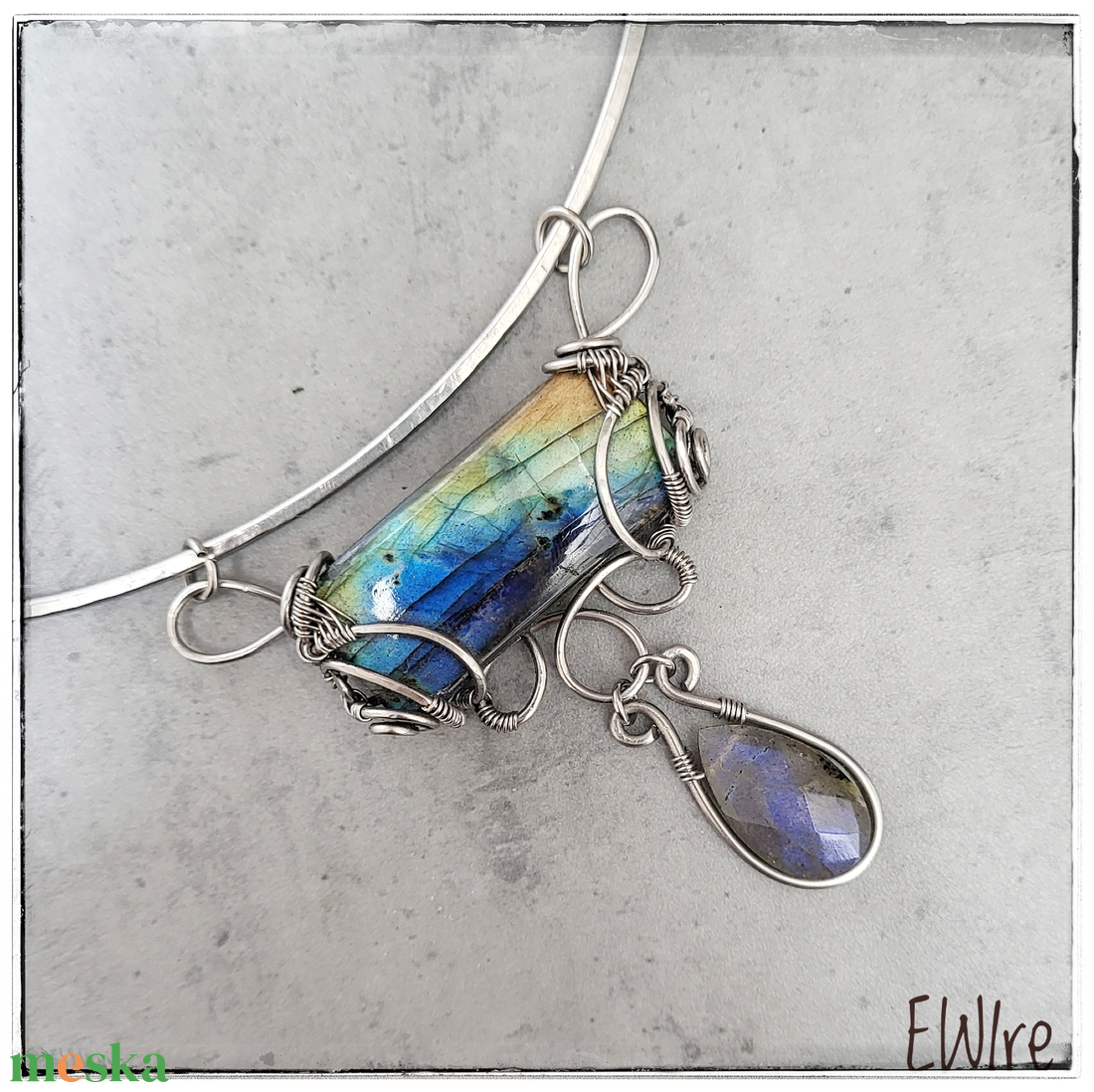 Szögletes labradorit orvosi fém nyakék, drótékszer - ékszer - nyaklánc - statement nyaklánc - Meska.hu