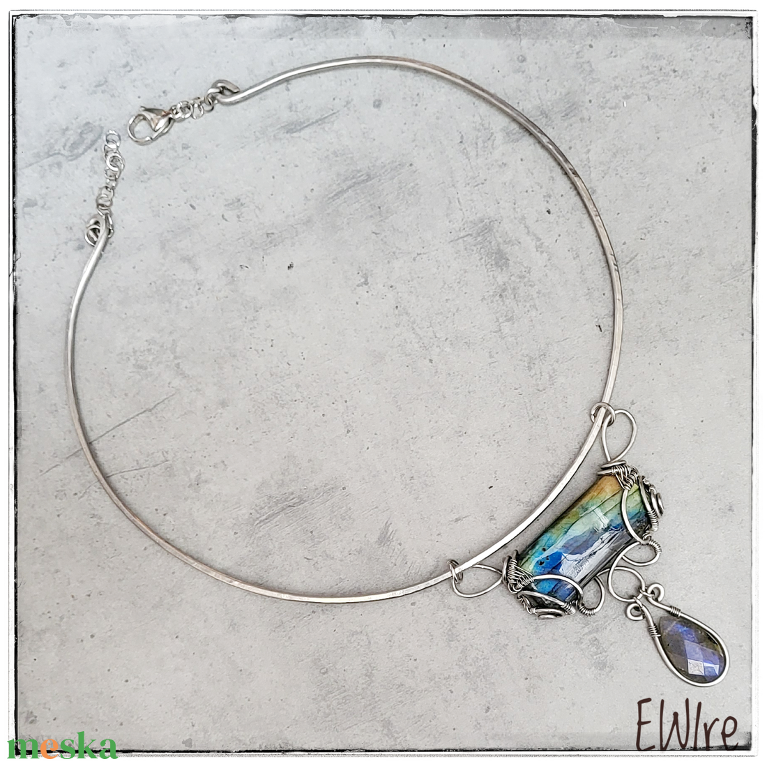 Szögletes labradorit orvosi fém nyakék, drótékszer - ékszer - nyaklánc - statement nyaklánc - Meska.hu