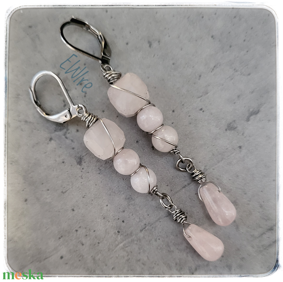 Rózsakvarc fülbevaló orvosi fém - ékszer - fülbevaló - lógó fülbevaló - Meska.hu