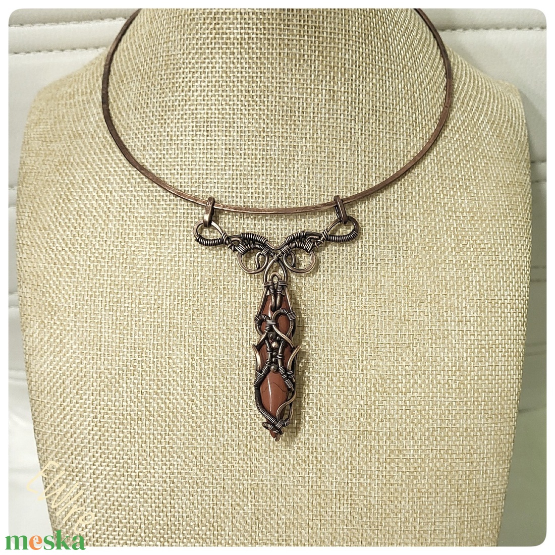 Vörös jáspis nyakék vörösréz drótékszer - ékszer - nyaklánc - statement nyaklánc - Meska.hu