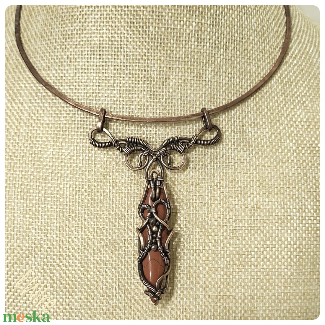 Vörös jáspis nyakék vörösréz drótékszer - ékszer - nyaklánc - statement nyaklánc - Meska.hu