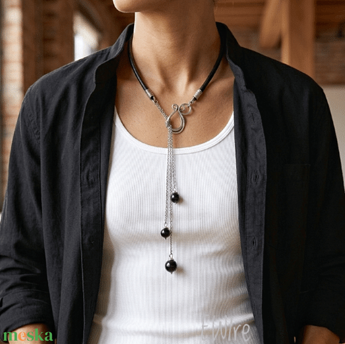 Lasszó nyaklánc 5 mm vastag bőr, orvosi fémmel és ónixszal - ékszer - nyaklánc - medál nélküli nyaklánc - Meska.hu