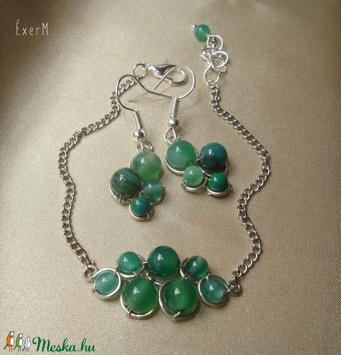 Zöld ásvány karkötő és fülbevaló szett - ékszer - ékszerszett - Meska.hu