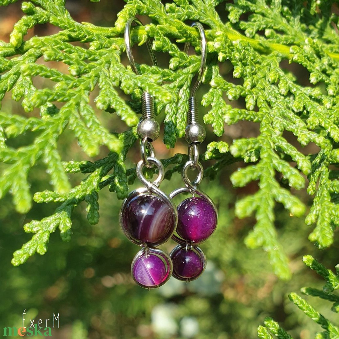 Lila achát ásvány duo fülbevaló - ékszer - fülbevaló - lógó fülbevaló - Meska.hu