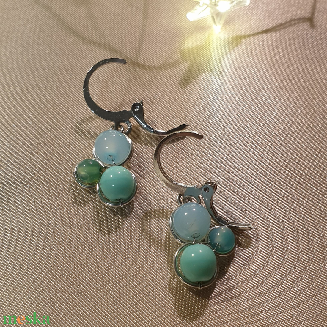 Pasztell zöldeskék trio ásvány fülbevaló - ékszer - fülbevaló - lógó fülbevaló - Meska.hu