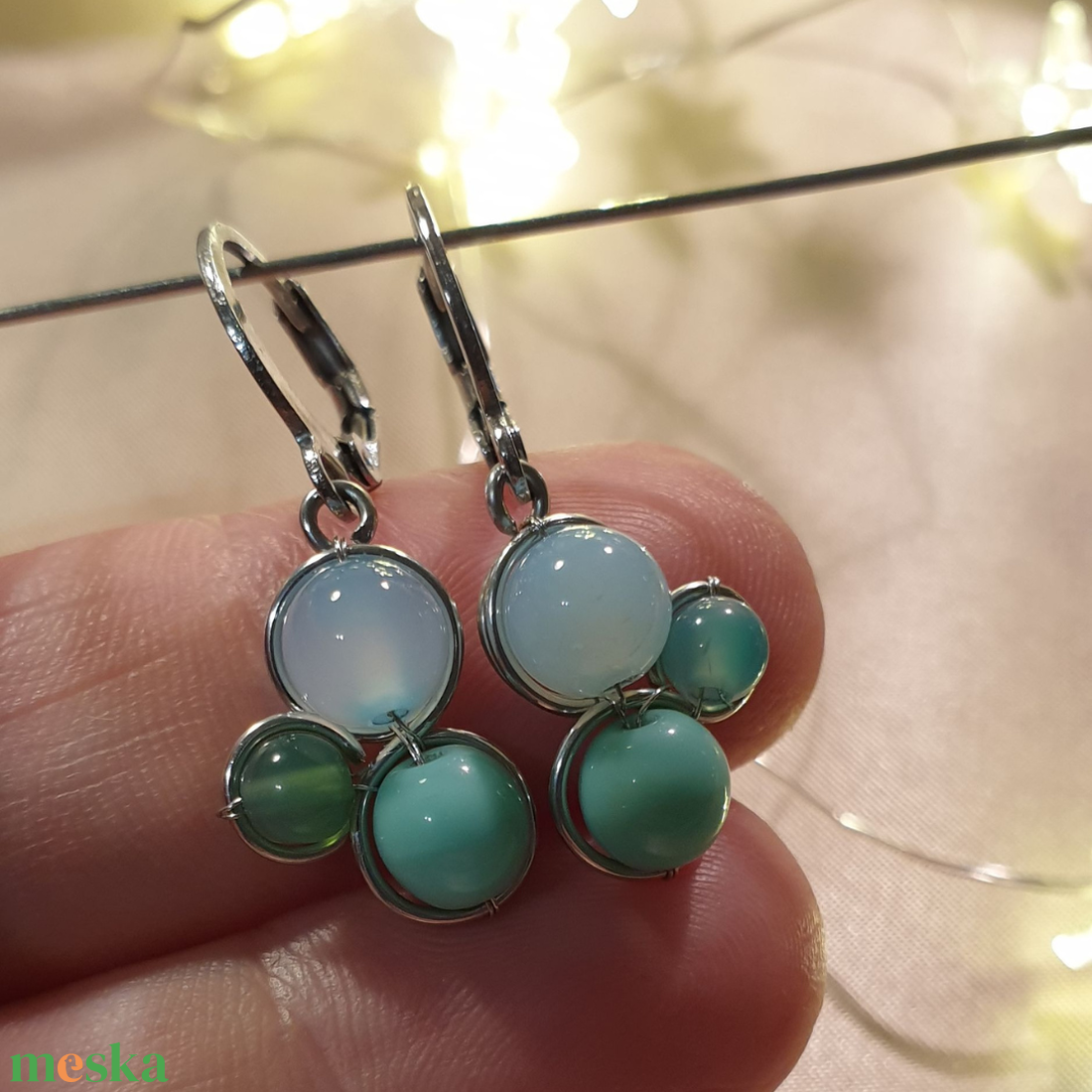 Pasztell zöldeskék trio ásvány fülbevaló - ékszer - fülbevaló - lógó fülbevaló - Meska.hu