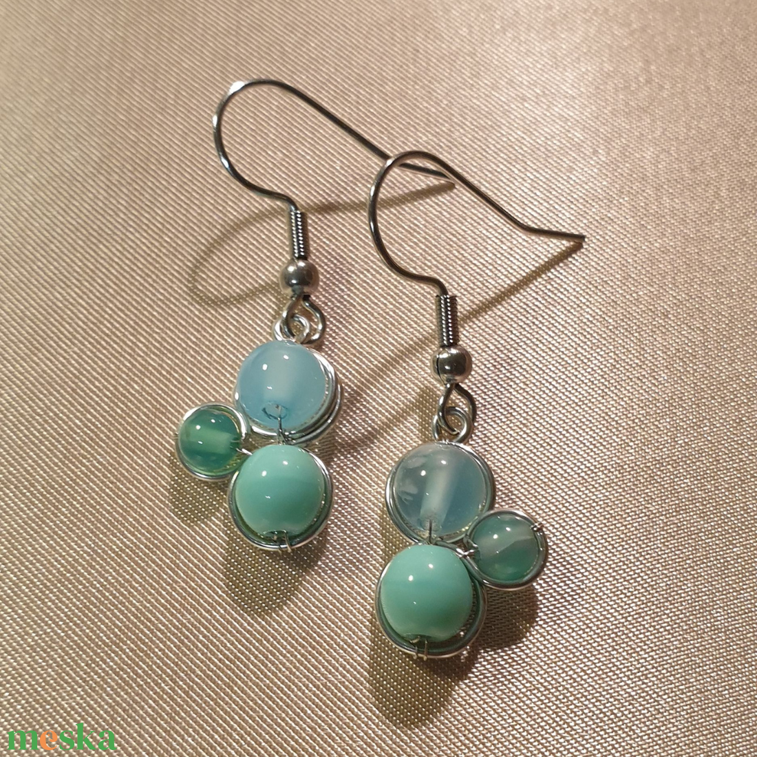 Pasztell zöldeskék trio ásvány fülbevaló - ékszer - fülbevaló - lógó fülbevaló - Meska.hu