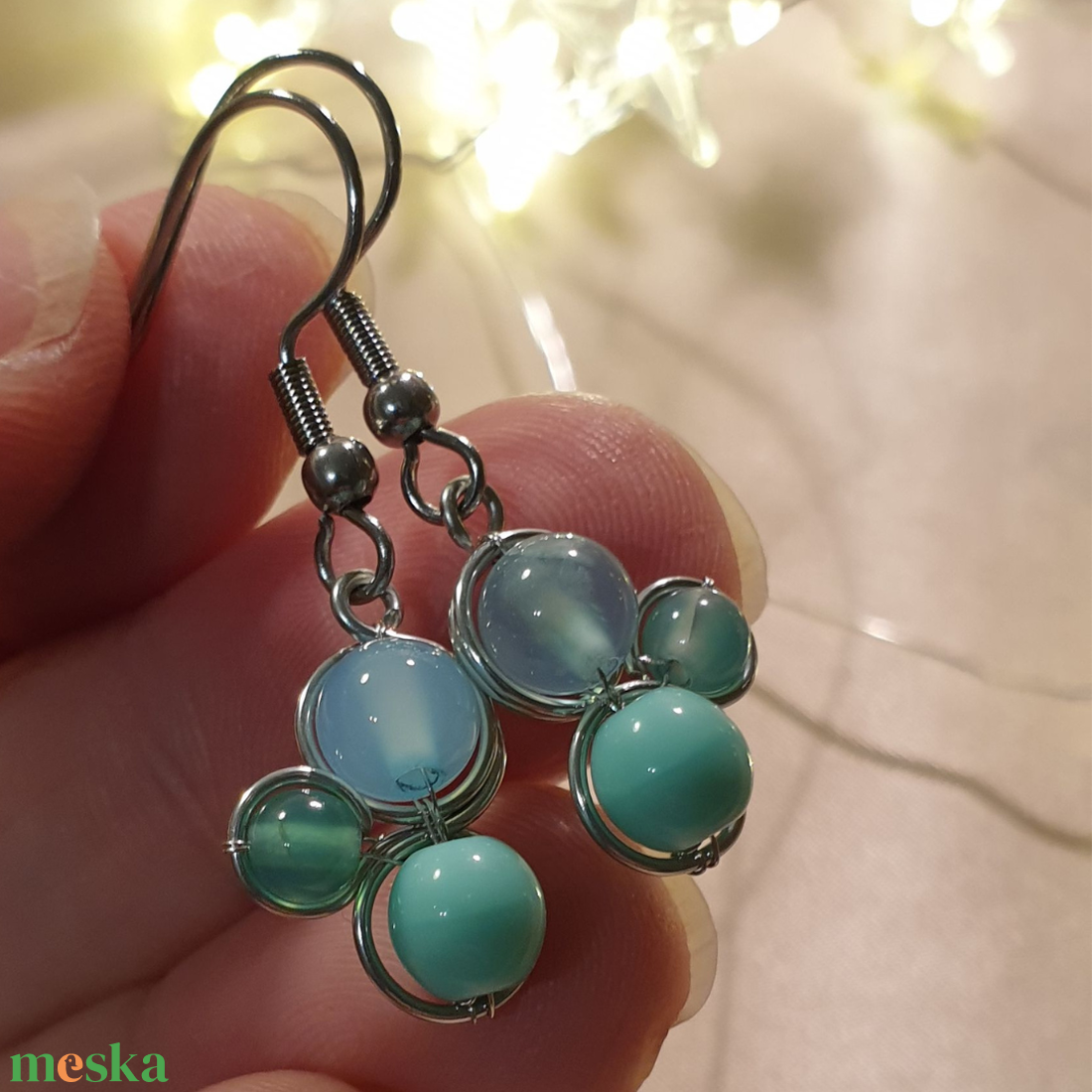 Pasztell zöldeskék trio ásvány fülbevaló - ékszer - fülbevaló - lógó fülbevaló - Meska.hu