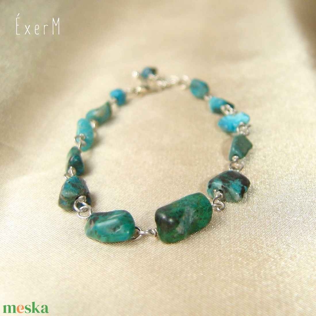 Kékeszöld krizokolla ásvány karkötő - ékszer - karkötő - gyöngyös karkötő - Meska.hu