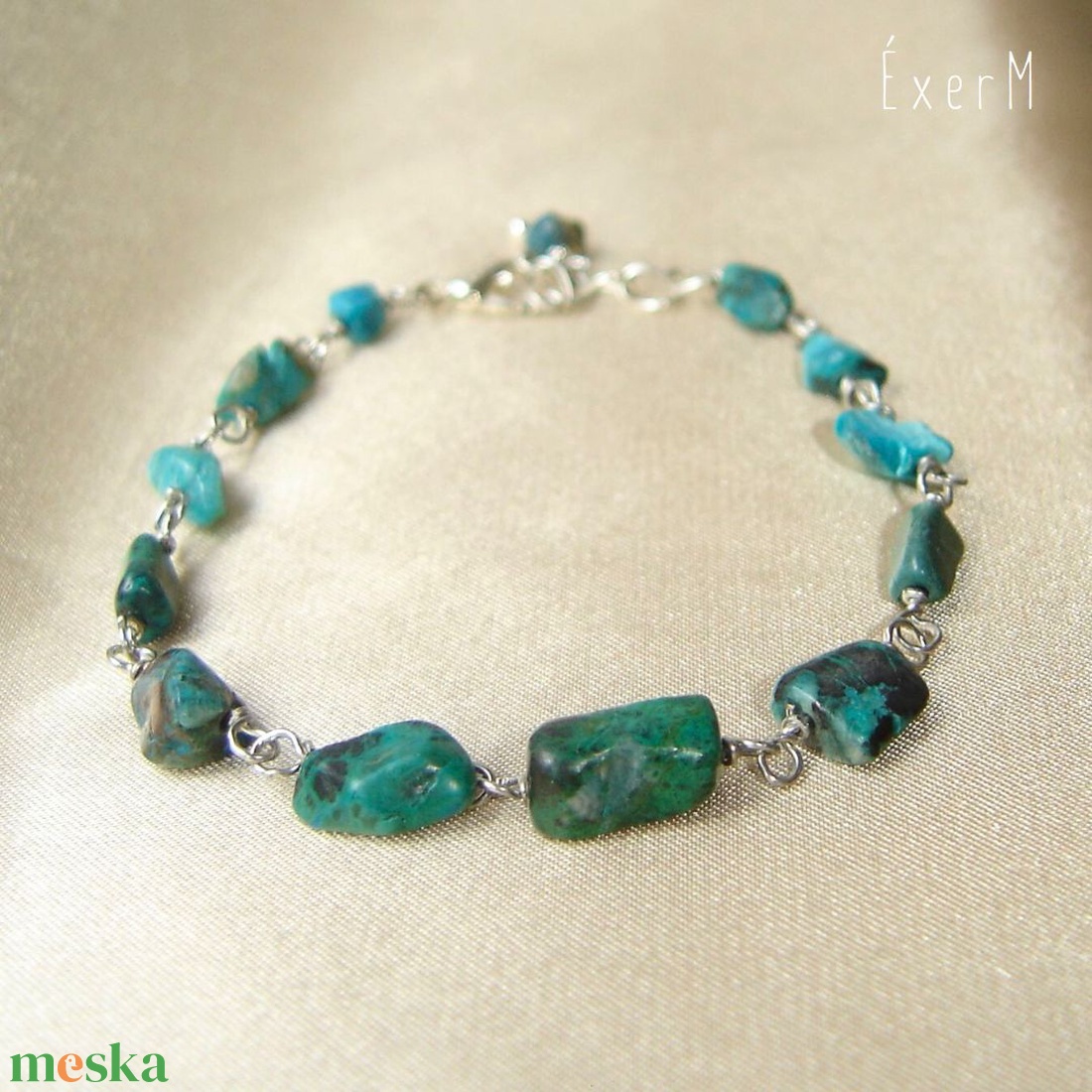 Kékeszöld krizokolla ásvány karkötő - ékszer - karkötő - gyöngyös karkötő - Meska.hu