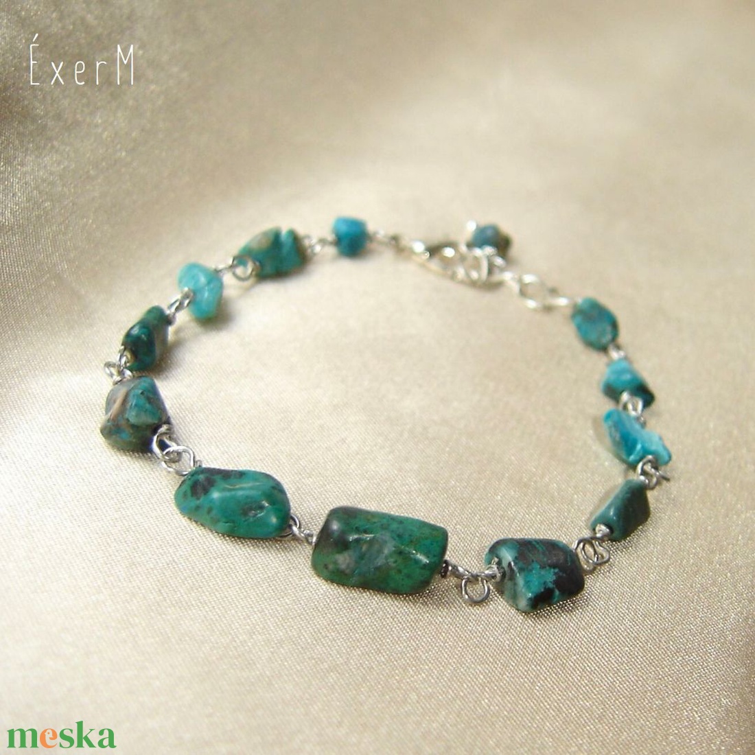 Kékeszöld krizokolla ásvány karkötő - ékszer - karkötő - gyöngyös karkötő - Meska.hu
