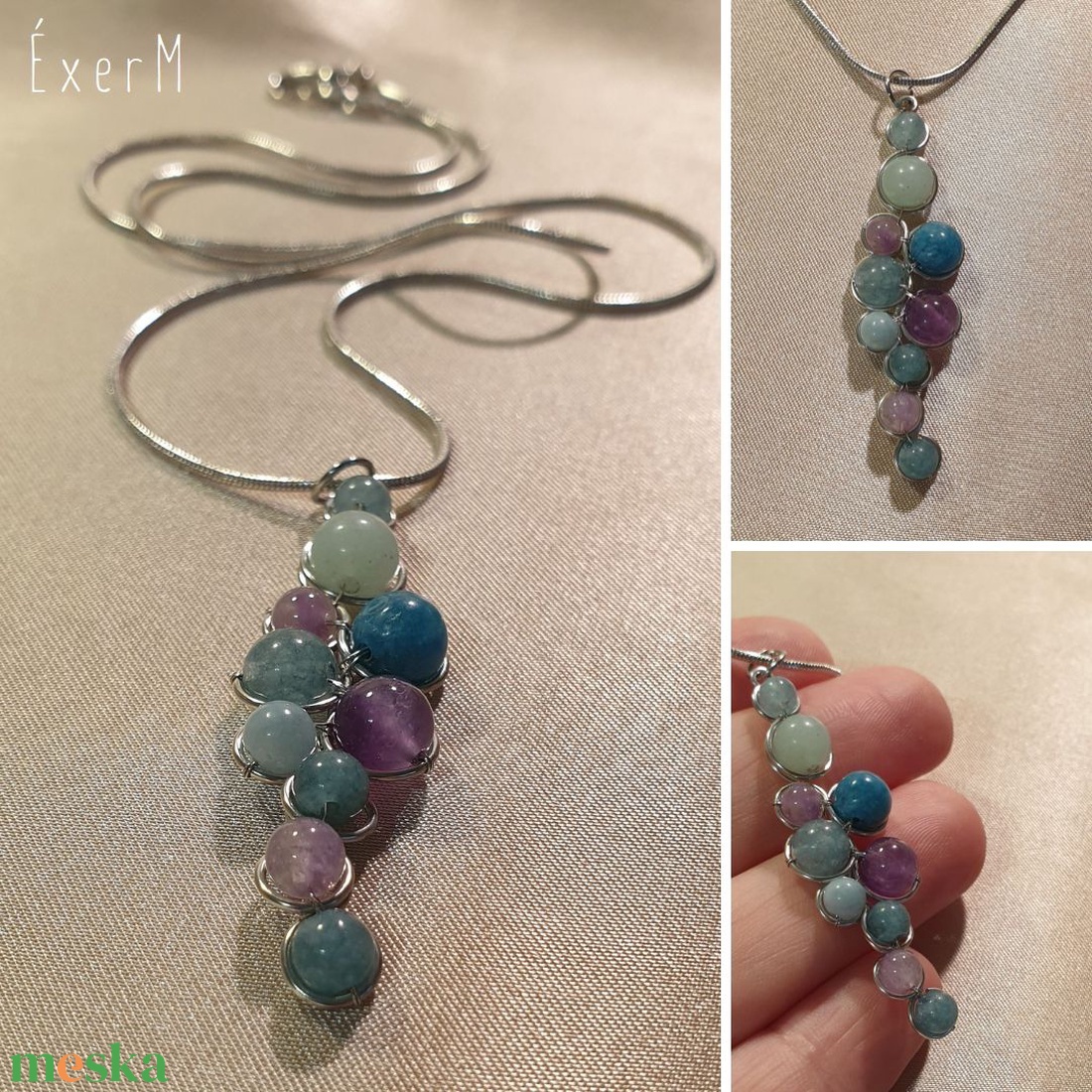 Világoskék-lila ásvány medálos nyaklánc - ékszer - nyaklánc - medálos nyaklánc - Meska.hu