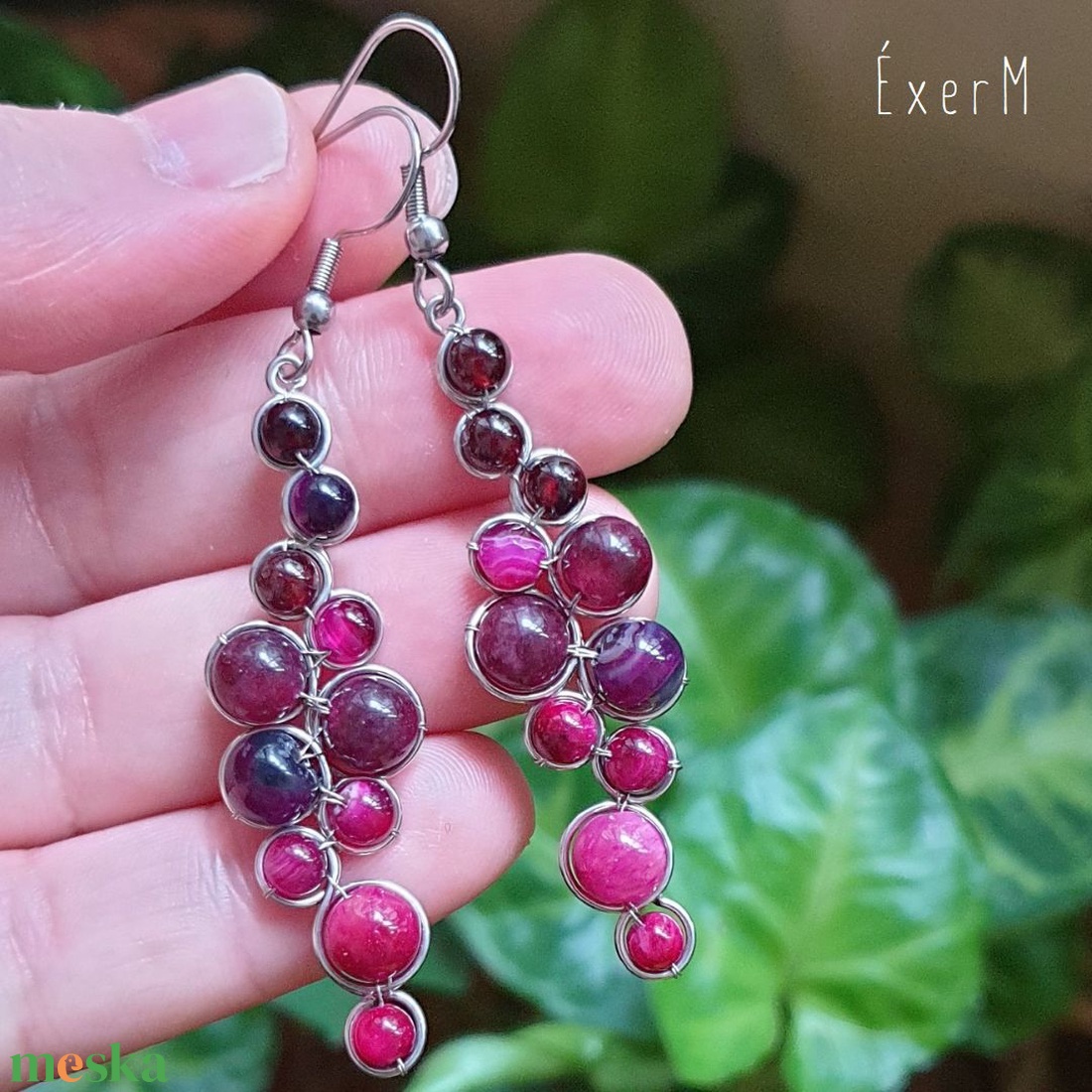 Bordó-magenta ásvány fülbevaló - ékszer - fülbevaló - lógó fülbevaló - Meska.hu