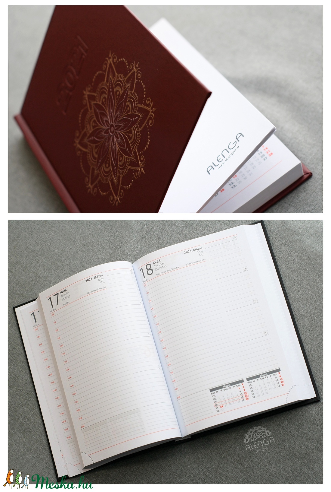 Rosegold+rózsaszín mandala mintás bordó határidőnapló, A/5-ös, napi beosztású, szabadkézzel festett egyedi napló - otthon & életmód - papír, írószer - jegyzetfüzet & napló - Meska.hu