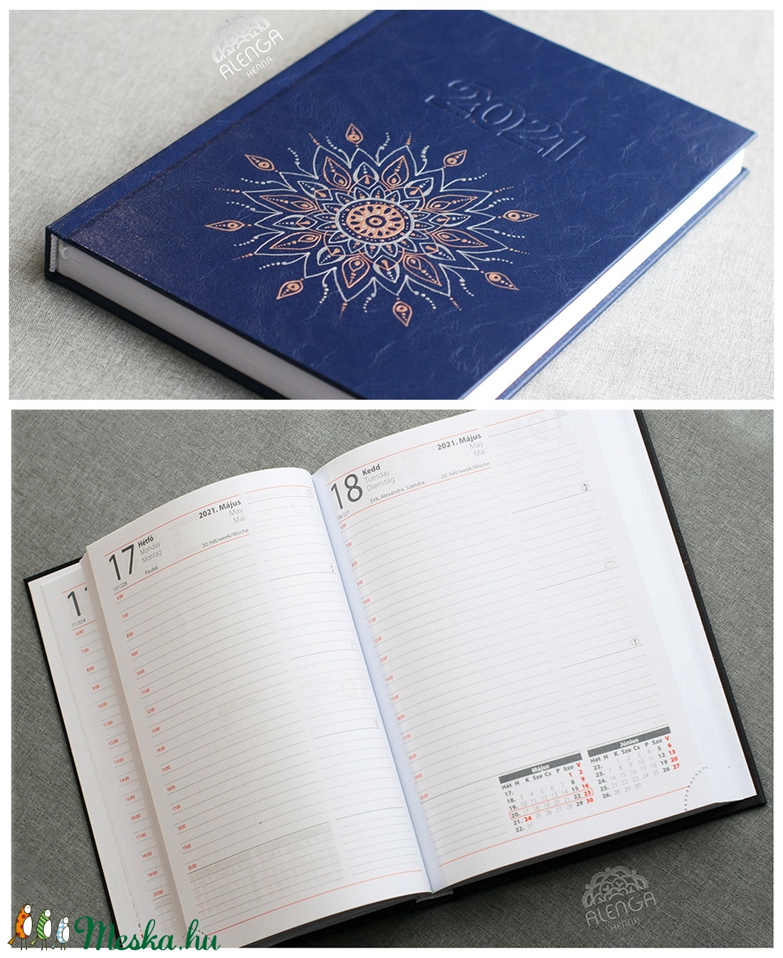 Rosegold+ezüst mandala mintás sötétkék határidőnapló, A/5-ös, napi beosztású, szabadkézzel festett egyedi napló - otthon & életmód - papír, írószer - jegyzetfüzet & napló - Meska.hu
