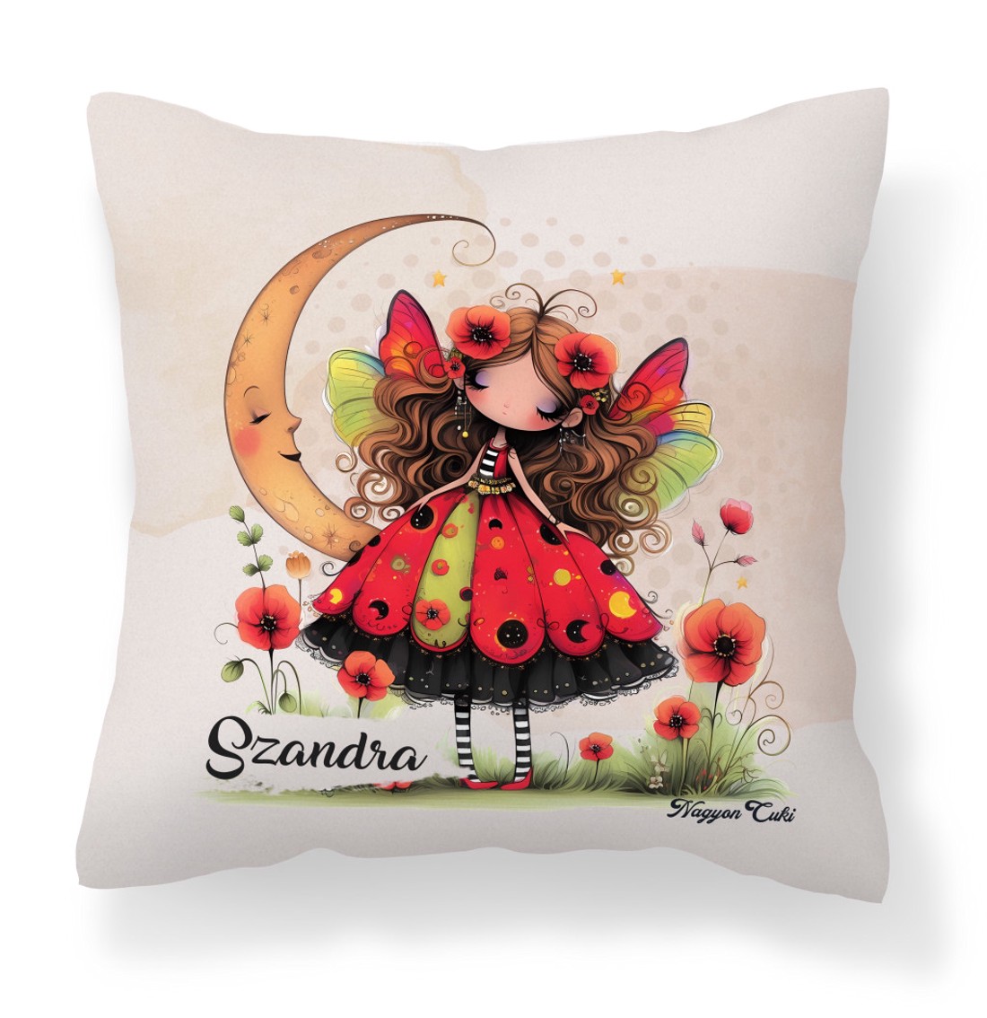 Névvel kérhető - Cuki pipacs tündérlány és a hold mintás párna - otthon & életmód - lakástextil - párna & párnahuzat - díszpárna (belsővel együtt) - Meska.hu