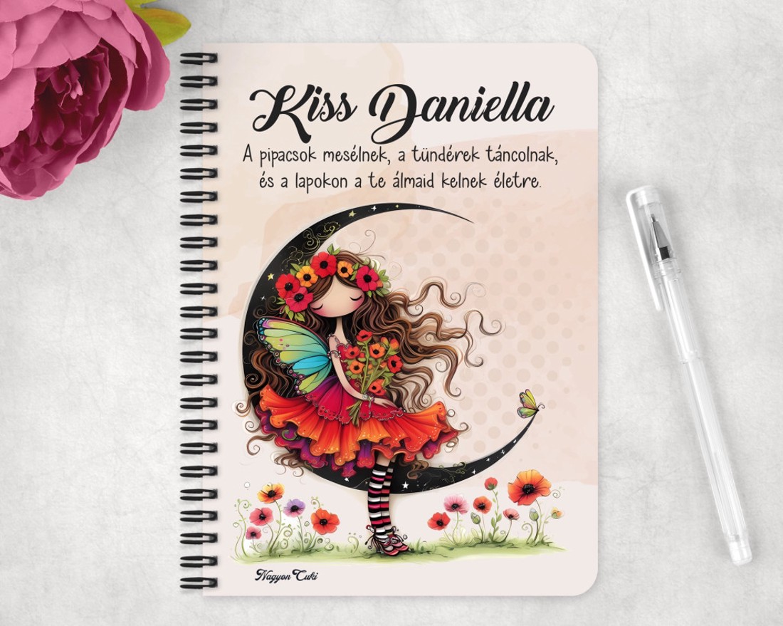 Személyre szabható - Kedves pipacs tündérlány és a hold mintás A5-ös füzet - otthon & életmód - papír, írószer - jegyzetfüzet & napló - Meska.hu