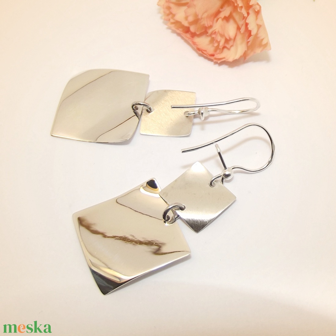 Négyzetek, női ezüst fülbevaló pár (EF.048) - ékszer - fülbevaló - lógó fülbevaló - Meska.hu
