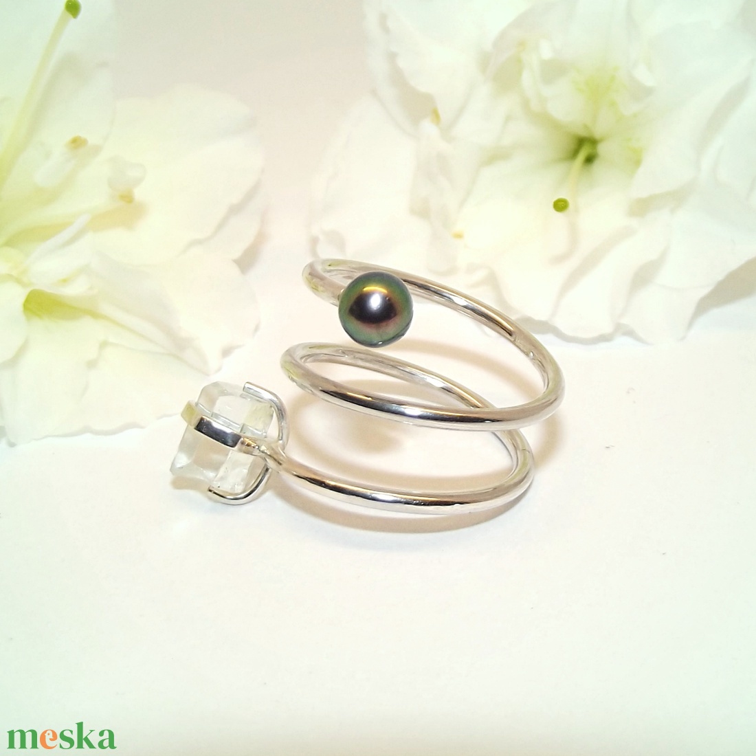 Szürke igazgyöngy és aquamarin, női ezüst gyűrű, állítható (EIK.13) - ékszer - gyűrű - gyöngyös gyűrű - Meska.hu