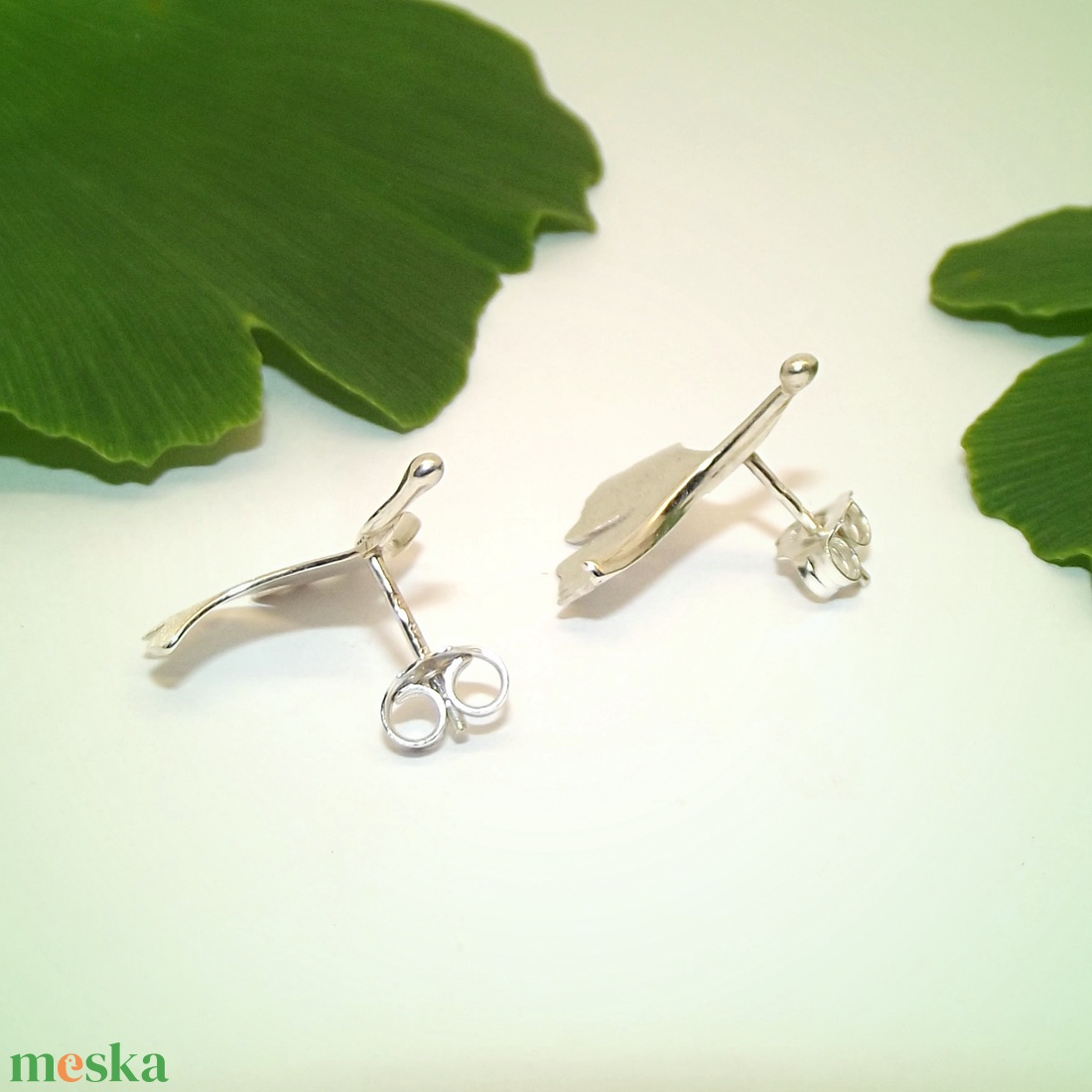 Ginkgo biloba, mattírozott, stekkeres, női ezüst fülbevaló pár (EGK.07) - ékszer - fülbevaló - lógó fülbevaló - Meska.hu