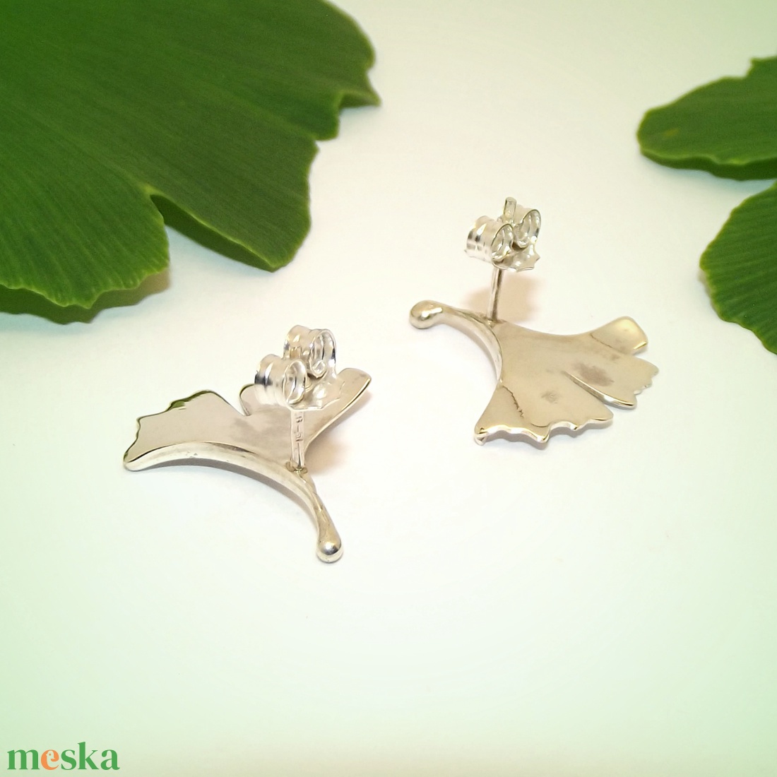 Ginkgo biloba, mattírozott, stekkeres, női ezüst fülbevaló pár (EGK.07) - ékszer - fülbevaló - lógó fülbevaló - Meska.hu